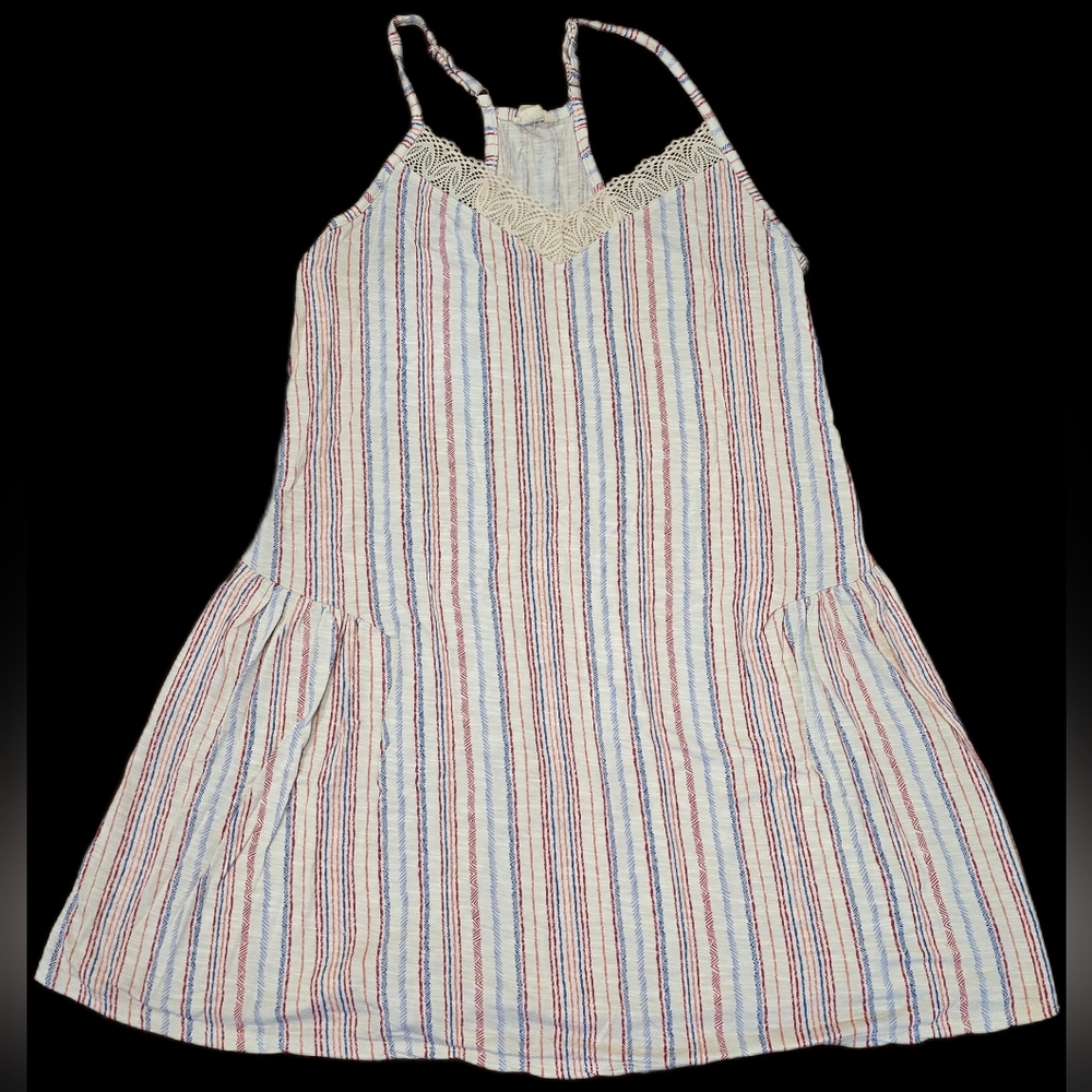 Lucky Brand Women's White, Red & Blue Striped Tunic w/ Lace Neckline, Medium